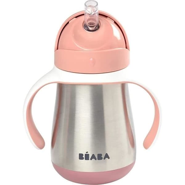 BEABA, 2-i-1 nappflaska i rostfritt stål/inlärningskopp/babyflaska, halmkopp för barn, 100 % läckagesäker, läcksäker, 250 ml, rosa