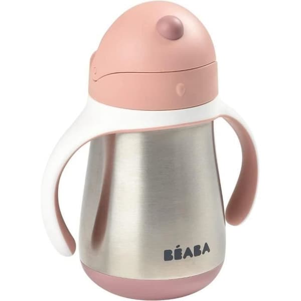 BEABA, 2-i-1 nappflaska i rostfritt stål/inlärningskopp/babyflaska, halmkopp för barn, 100 % läckagesäker, läcksäker, 250 ml, rosa