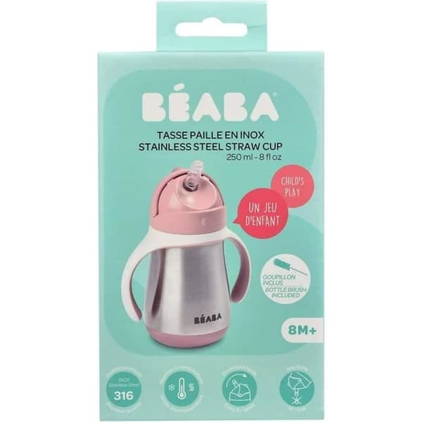 BEABA, 2-i-1 nappflaska i rostfritt stål/inlärningskopp/babyflaska, halmkopp för barn, 100 % läckagesäker, läcksäker, 250 ml, rosa