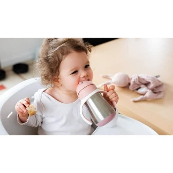 BEABA, 2-i-1 nappflaska i rostfritt stål/inlärningskopp/babyflaska, halmkopp för barn, 100 % läckagesäker, läcksäker, 250 ml, rosa