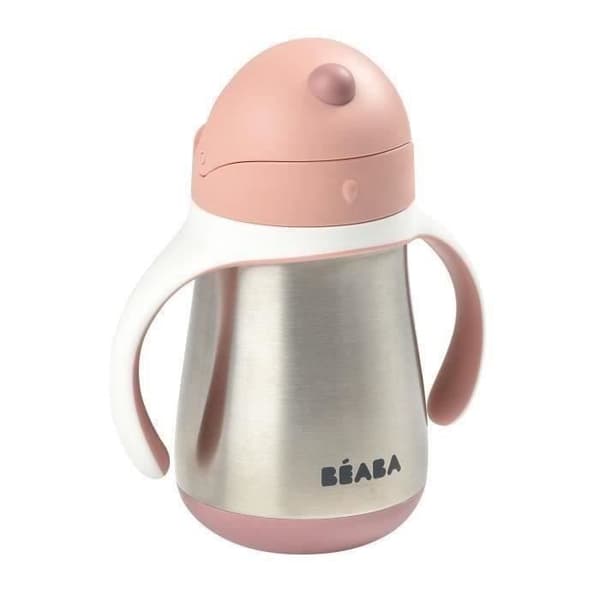 BEABA, 2-i-1 nappflaska i rostfritt stål/inlärningskopp/babyflaska, halmkopp för barn, 100 % läckagesäker, läcksäker, 250 ml, rosa