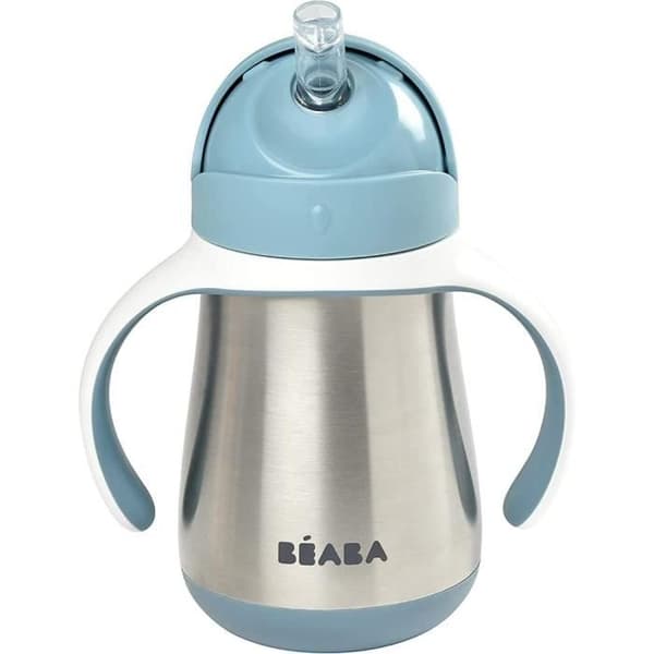 BEABA, 2-i-1 nappflaska/inlärningskopp/babyflaska i rostfritt stål, halmkopp för barn, 100 % läcksäker, läcksäker, 250 ml, blå