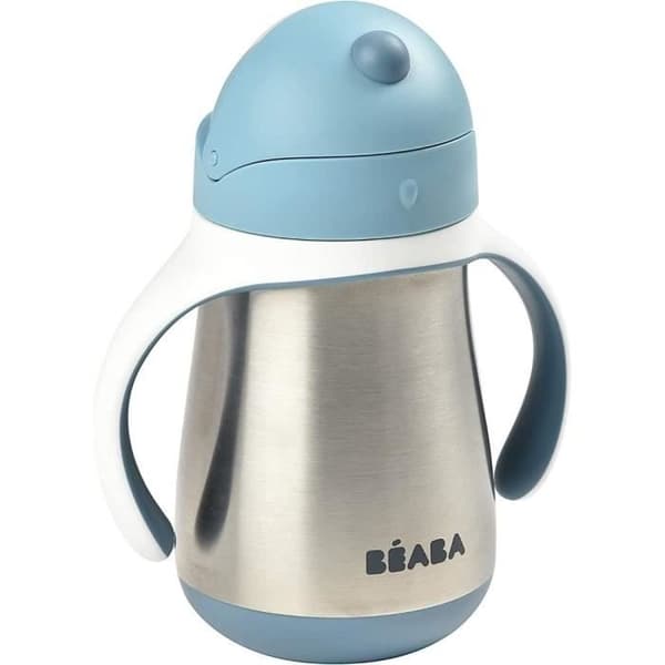 BEABA, 2-i-1 nappflaska/inlärningskopp/babyflaska i rostfritt stål, halmkopp för barn, 100 % läcksäker, läcksäker, 250 ml, blå