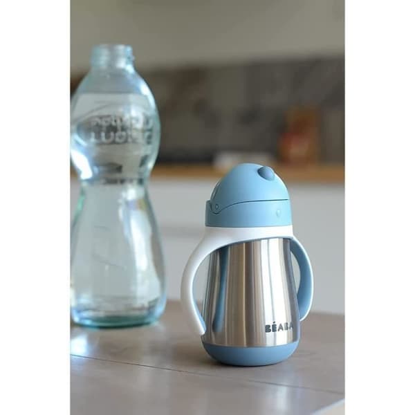 BEABA, 2-i-1 nappflaska/inlärningskopp/babyflaska i rostfritt stål, halmkopp för barn, 100 % läcksäker, läcksäker, 250 ml, blå