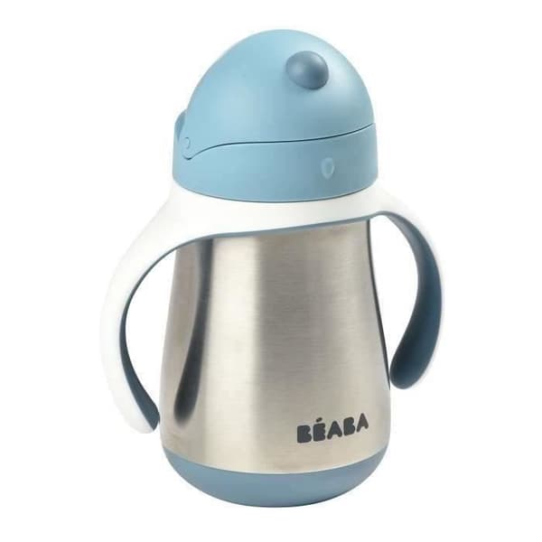 BEABA, 2-i-1 nappflaska/inlärningskopp/babyflaska i rostfritt stål, halmkopp för barn, 100 % läcksäker, läcksäker, 250 ml, blå