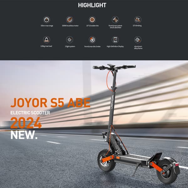 JOYOR S5 elektrisk skoter，13Ah batteri， 500W motor， 20Km/h，Street Approved (ABE)。
