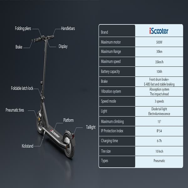 iScooter i9s 10'' el-scooter, 500W motor, 36V/10Ah, rækkevidde 25-30KM, maksimal hastighed 25-35 km/t