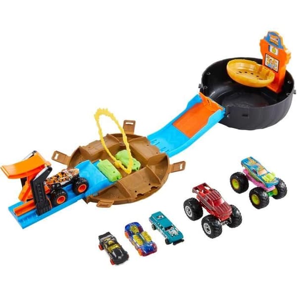 Hot Wheels Monster Trucks Set Arena Wheel, med 3 Hot Wheels Monster Trucks och 3 Hot Wheels fordon i skala 1/64, Gåva p