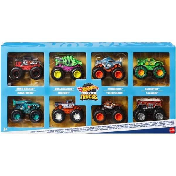 Hot Wheels Set med 8 Monster Trucks Live metallfordon i skala 1/64 med Fansens älskade karaktärer och hjältar
