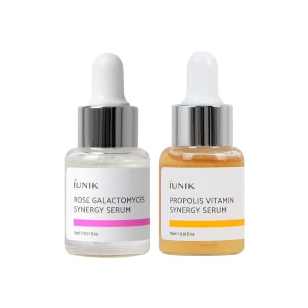 2 mini iUNIK kosteuttavan seerumin setti: Propolis Vitamin Synergy + Rose Galactomyces, 2 x 15 ml