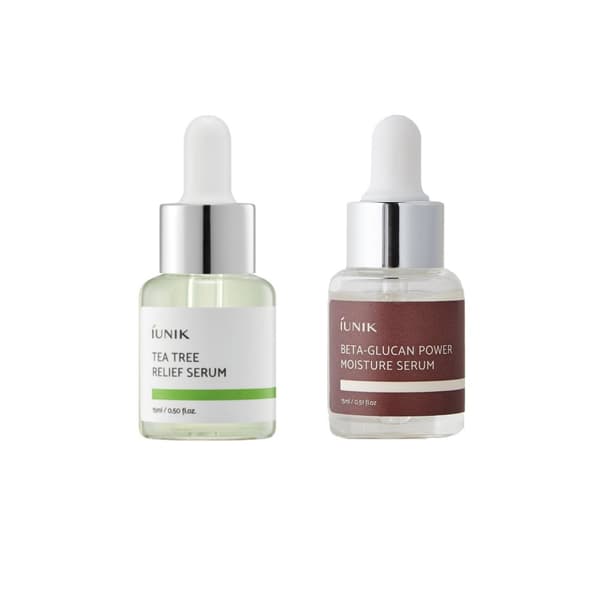 Set med 2 lugnande miniserum iUNIK: Tea Tree Relief + Beta-Glucan Power Moisture, 2 x 15 ml