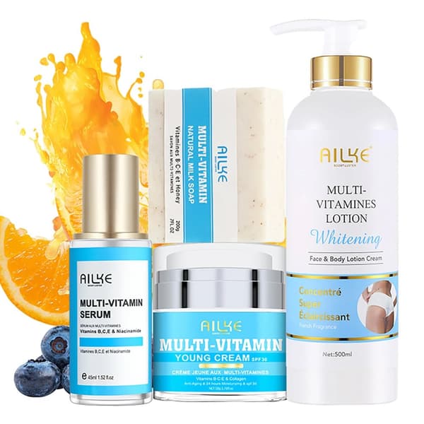 Multi-Vitamin Hvidgørende Lotion, Hydrering, Anti-Aldring, Reducering af Mørke Pletter,4 i 1 Sæt