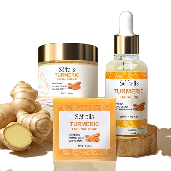 Turmeric Ansigtspleje Sæt, Hydratiserende Creme, Nærende Olie, Rense sæbe