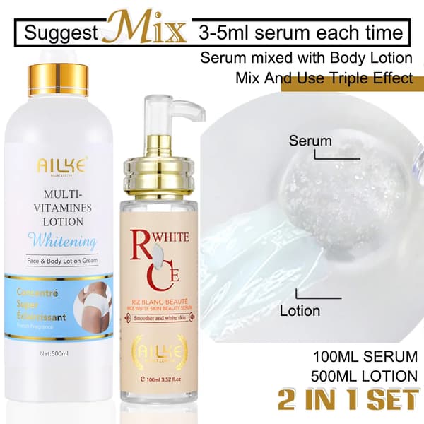 AILKE Whitening Body Lotion Set, Hydrerande Multivitaminlotion, Mörka Fläckar Korrigerare,2 i 1 set