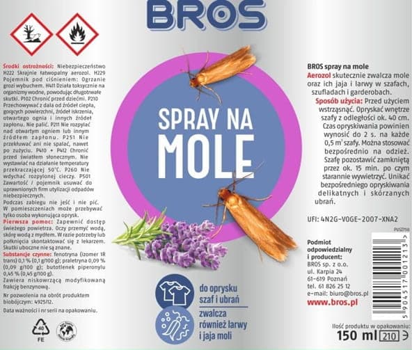 Bros Laventeli Koiperhosten Suihke 150ml Vaatteiden Suoja Koita ja niiden Toukkia vastaan