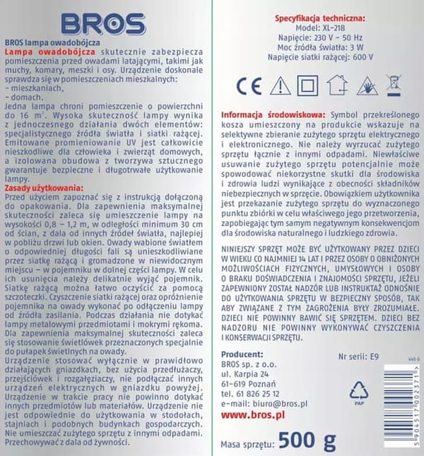 BROS insektlampe 12,5x28,8 cm Beskyttelse mod flyvende insekter
