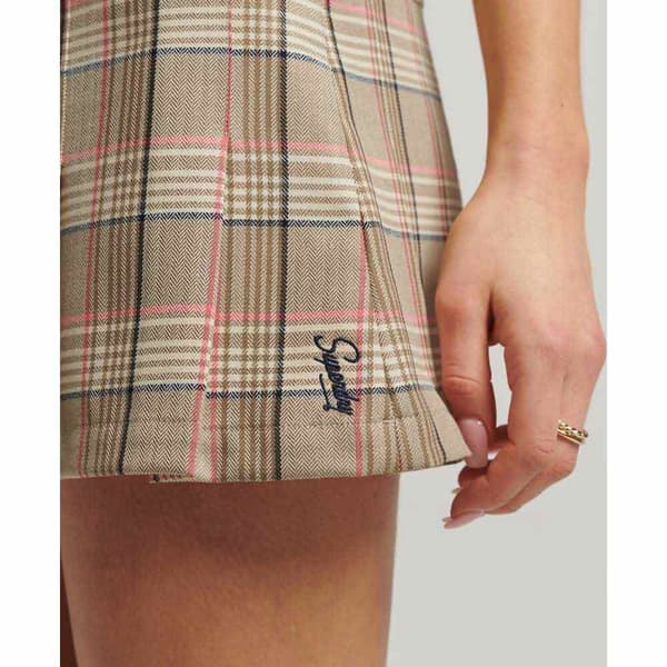 Superdry Minikjol Med Låg Midja Vintage 1/2 Pleat Check Beige M Kvinna