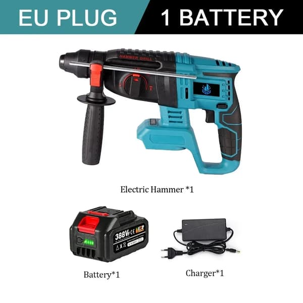 Trådløs Elektrisk Hammer, 1680W Kraft, 26MM Borekapacitet,2X Batteri-Option 5