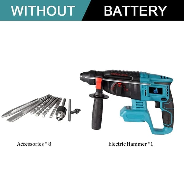 Trådløs Elektrisk Hammer, 1680W Kraft, 26MM Borekapacitet,2X Batteri-Option 5