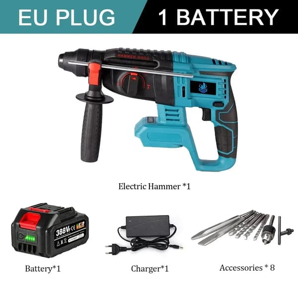 Trådløs Elektrisk Hammer, 1680W Kraft, 26MM Borekapacitet,2X Batteri-Option 5
