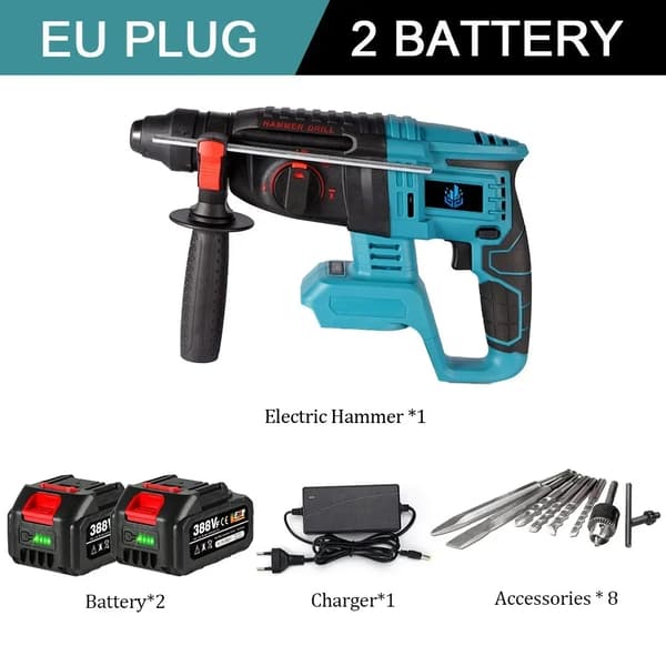 Trådløs Elektrisk Hammer, 1680W Kraft, 26MM Borekapacitet,2X Batteri-Option 5