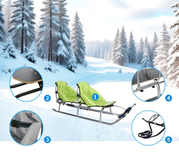 Sleds duo twin tandem stor för barn med ryggstöd solida lätta bälten PL