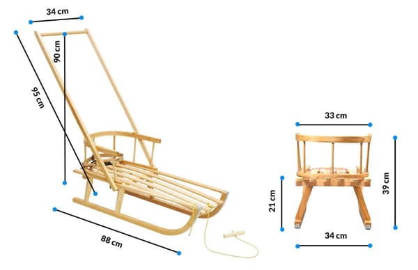 Traditionell träpulka med ryggstöd, skjuts och sovsäck för barn PL