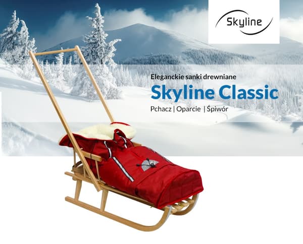 Traditionell träpulka med ryggstöd, skjuts och sovsäck för barn PL