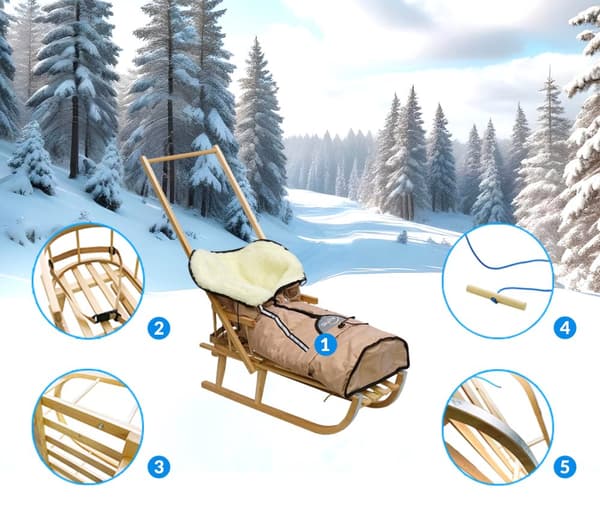 Traditionell träpulka för barn med ryggstöd, skjuts och sovsäck PL