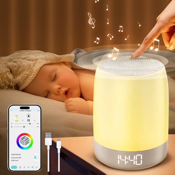 Nattljus,White Noise Maskin med APP-kontroll-Justerbar LED-lampa, 32 Lugnande Ljud, 8 Färger, Stänga Av Störande Ljud för Sömnen