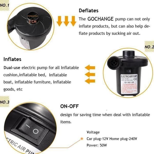 Elektrisk Pump Inflator Deflator Madrass med 3 munstycken för Camping Säng Möbel Bil