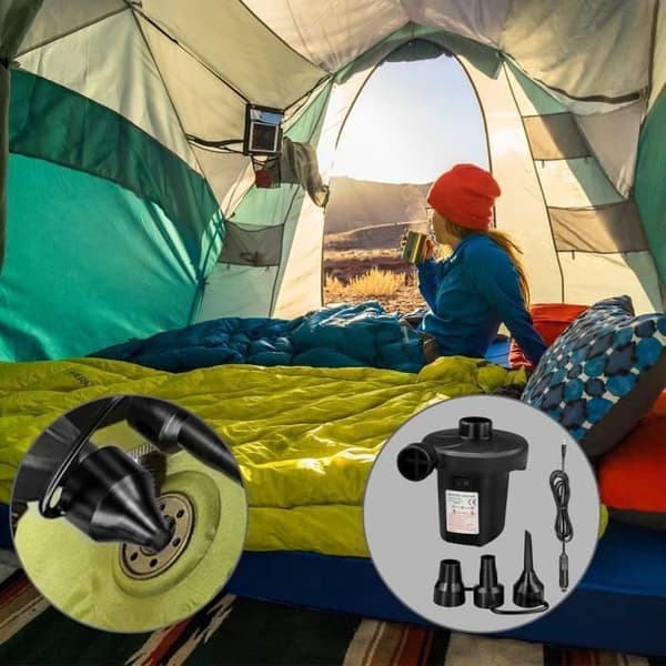 Elektrisk luftpump med 3 munstycken för uppblåsbar madrass, camping, säng, båt mm.