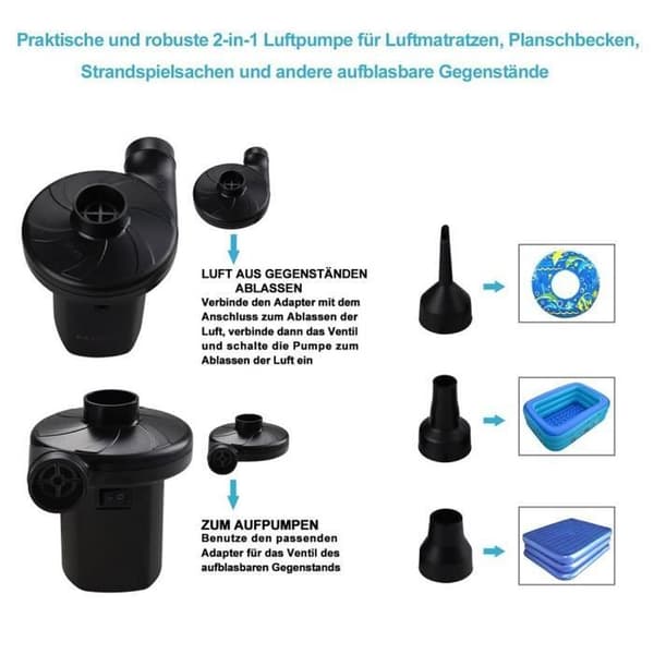 Elektrisk pump, Home-N DC12V/AC 230V-50Hz Elektrisk uppblåsare/deflator, luftpump med 3 munstycken för uppblåsbar madrass, camping