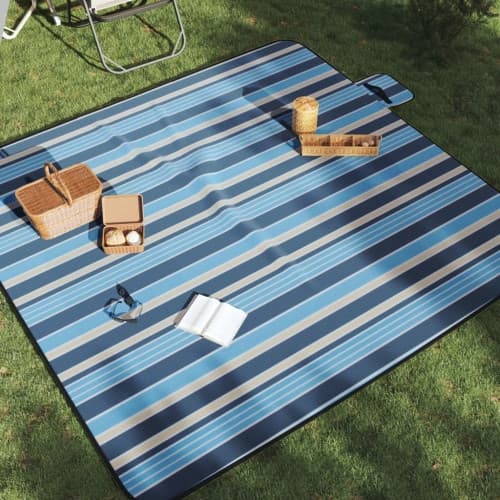 Picknickfilt vikbar blå och vit randig 200x200 cm sammet