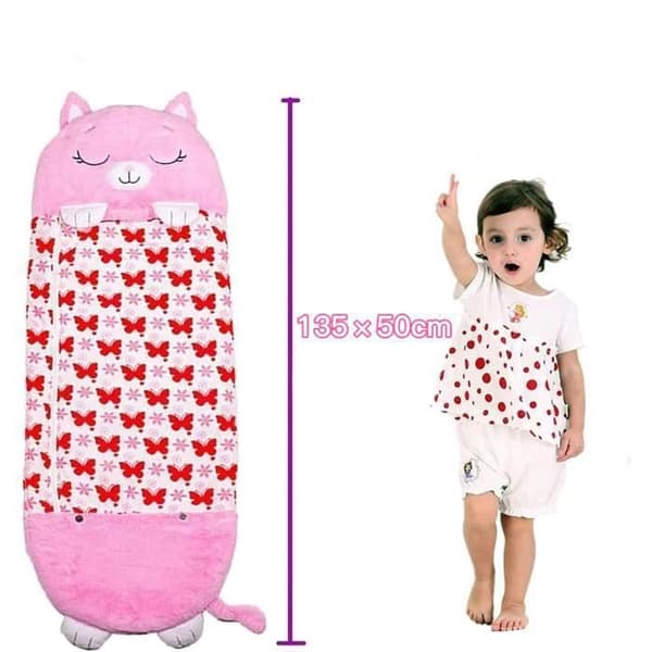 2 i 1 tecknad djurkudde, sovsäck med kudde, mjuk, rosa katt, 135*50 cm