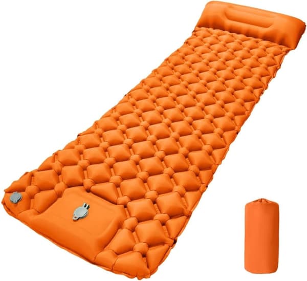 OBOSOE Självuppblåsbar Liggeunderlag med Fotpump & Kudde, Ultralätt Vattentät, 190x60 cm Orange