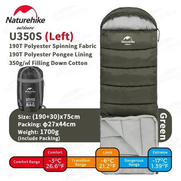 Naturehike ultrakevyt makuupussi, mukava -3℃, vedenpitävä kangas,Vihreä U350S (Vasen)