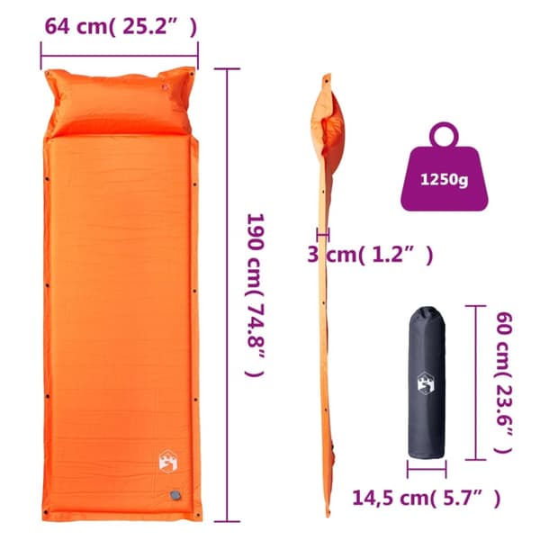 vidaXL Itsetäyttyvä retkeilypatja tyynyllä 1 hengelle oranssi