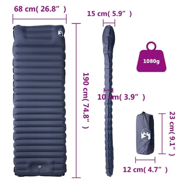 vidaXL Selvoppblåsende campingmadrass med pute for 1 person grå