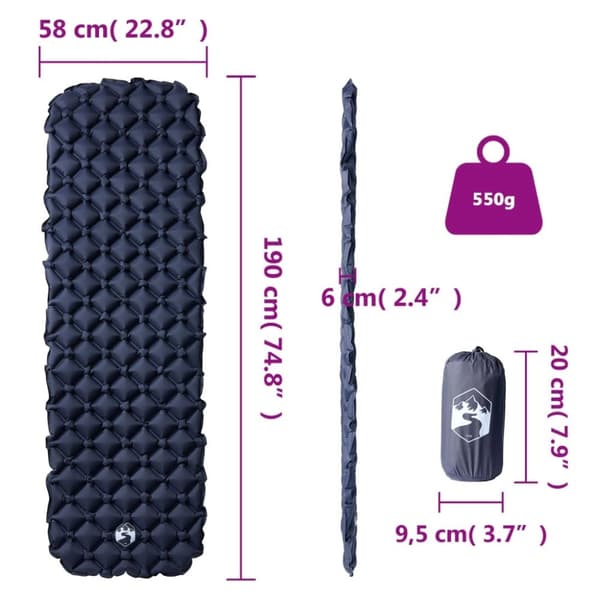 vidaXL Oppblåsende campingmadrass for 1 person grå 190x58x6 cm