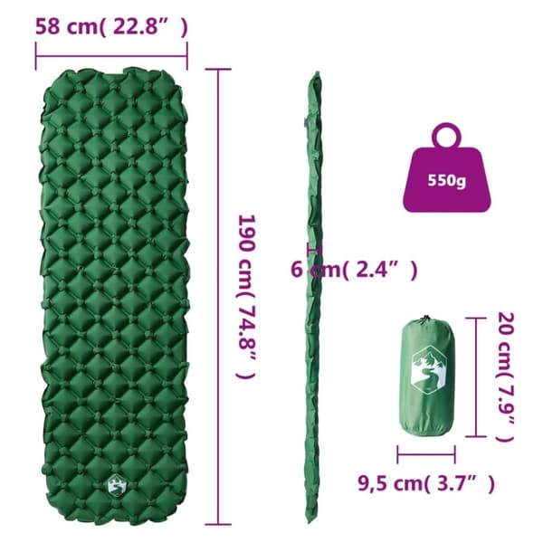 vidaXL Oppblåsende campingmadrass for 1 person grønn 190x58x6 cm