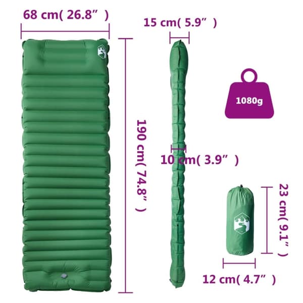 vidaXL Självuppblåsande campingmadrass med kudde 1 person grön
