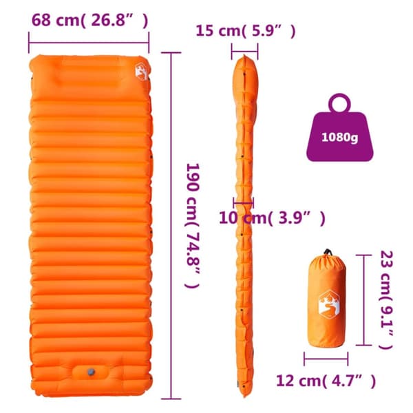 vidaXL Självuppblåsande campingmadrass med kudde 1 person orange