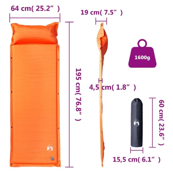 vidaXL 1-personers campingmadras med pude selvoppustelig orange