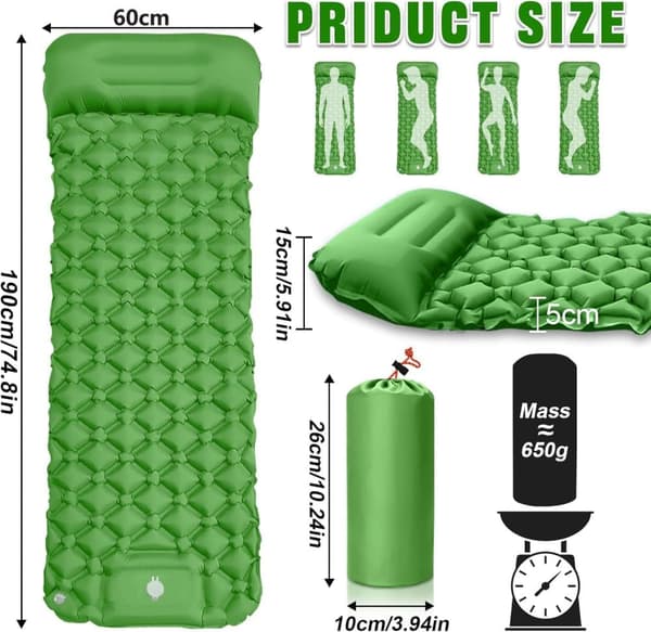 Lollanda 190x60 cm Ultralätt uppblåsbar luftmadrass för camping/kan kopplas samman luftmadrass, 40D nylon - Vattentät med byggd pump