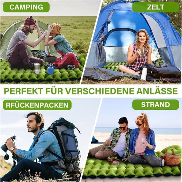 Lollanda Selvoppustelig dobbeltmadras, vandtæt, ultralet, rivefast, fugtbeskyttelse, med fodpumpe og sædehynde, til camping