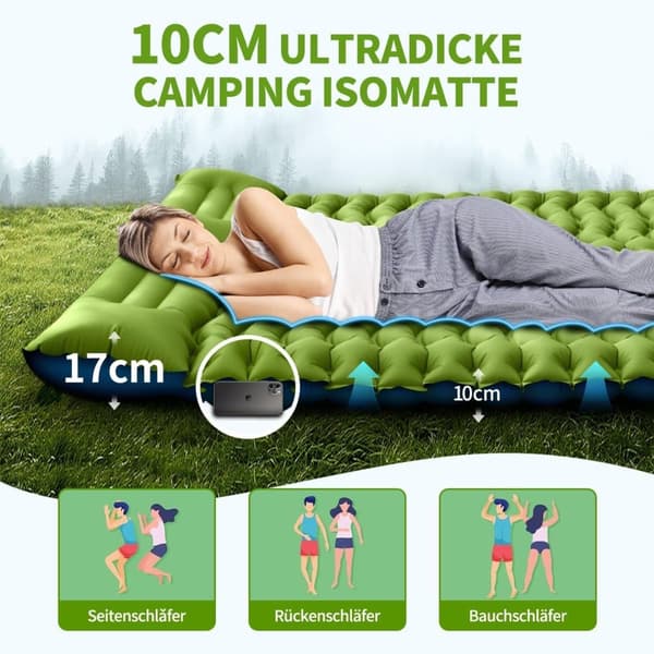 Lollanda Selvoppustelig dobbeltmadras, vandtæt, ultralet, rivefast, fugtbeskyttelse, med fodpumpe og sædehynde, til camping