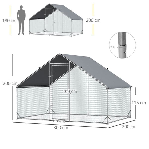 Hønsegård 300x200x200 cm, stål med overtræk & dør, til 4–6 høns, sølv