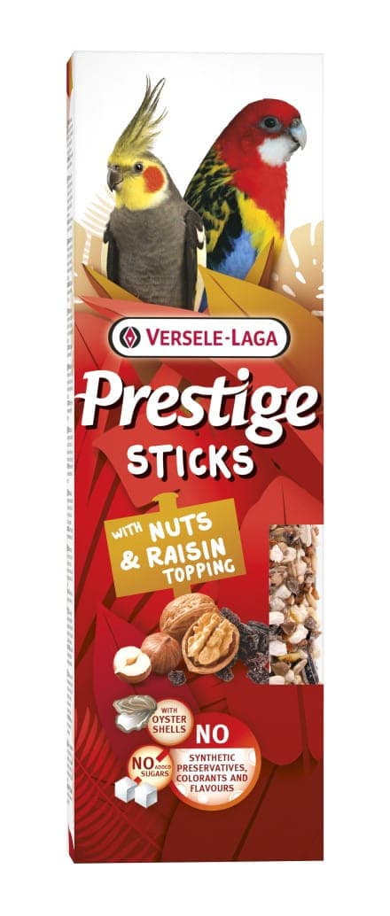 Versele Laga Prestige Sticks Store Parakitter med Nødder & Rosiner Topping 140g - sticks med et drys nødder og rosiner til mellemstore parakitter