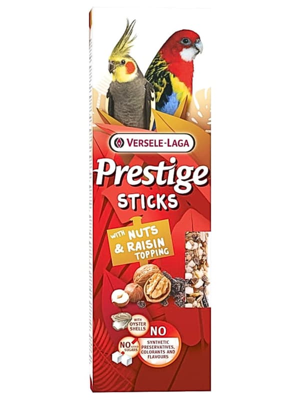 Versele Laga Prestige Sticks Store Parakitter med Nødder & Rosiner Topping 140g - sticks med et drys nødder og rosiner til mellemstore parakitter